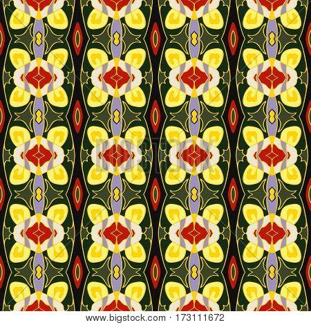 Ornamental decorative seamless pattern. Vector background texture. Green yellow and red colors.
