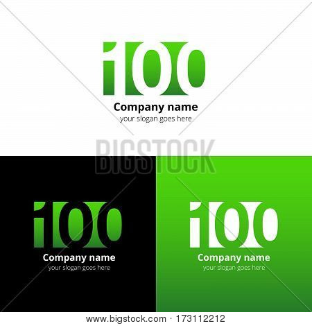 100 logo icon flat and vector design template. Monogram years numbers one and zero. Logotype one hundred with green gradient color. Creative vision concept logo, elements, sign, symbol for card.