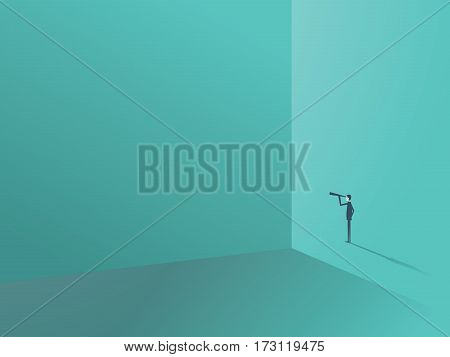Businessman looking through monocular around the corner of big wall. Business symbol for leadership, visionary and success. Eps10 vector illustration.