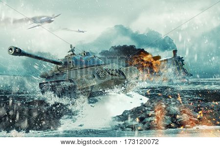 Soviet battle tank on the background of the burning locomotive attacked in the cold winter