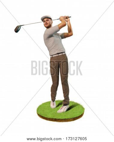 3D painting of a man male golf player teeing-off standing on a patch of grass front view.