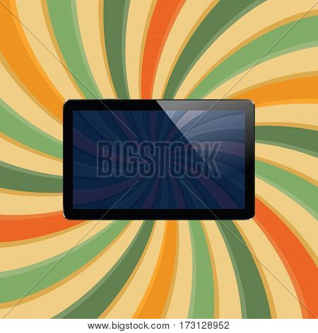 Digital tablet with shiny sensor screen on abstract swirl colorful lines retro background. Electronic smart device. Mobile gadget. Vector illustration