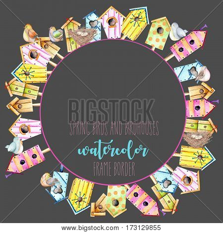 Card template, circle frame border with watercolor colorful birdhouses, cute birds and nests, hand drawn on a dark background
