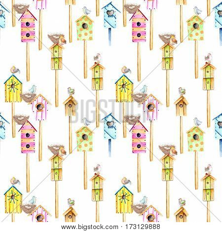 Seamless pattern with watercolor colorful birdhouses, cute birds and nests, hand drawn isolated on a white background