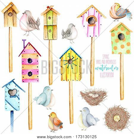 Set, collection of watercolor colorful birdhouses, cute birds and nests illustrations, hand drawn isolated on a white background