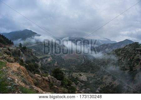 Scenic Foggy Autumn Landscape In Mountains Near Kalavrita, Peloponnesse, Greece