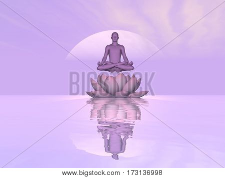 Man meditating upon single lily lotus flower and water in violet sunset background - 3D render