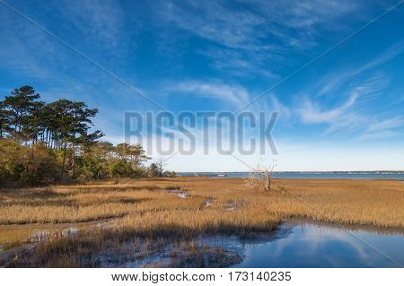 Overview of the Bogue Sound coastal area on the Pure knoll shores of Emerald island between the outer banks and the mainland of North Carolina