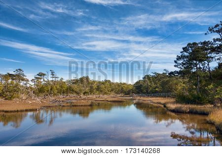 Overview of the Bogue Sound coastal area on the Pure knoll shores of Emerald island between the outer banks and the mainland of North Carolina