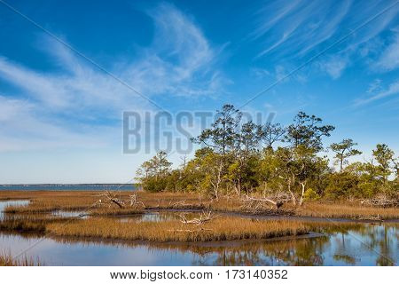 Overview of the Bogue Sound coastal area on the Pure knoll shores of Emerald island between the outer banks and the mainland of North Carolina
