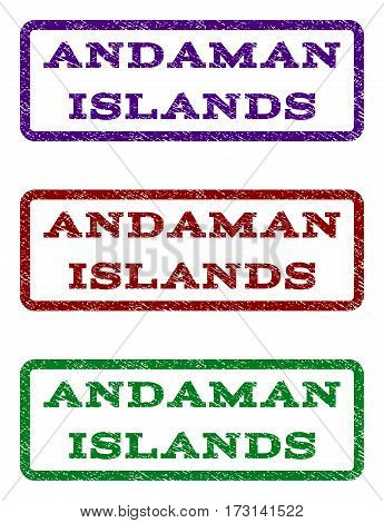 Andaman Islands watermark stamp. Text tag inside rounded rectangle frame with grunge design style. Vector variants are indigo blue red green ink colors. Rubber seal stamp with scratched texture.