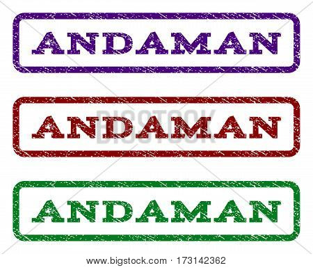 Andaman watermark stamp. Text tag inside rounded rectangle frame with grunge design style. Vector variants are indigo blue red green ink colors. Rubber seal stamp with dirty texture.