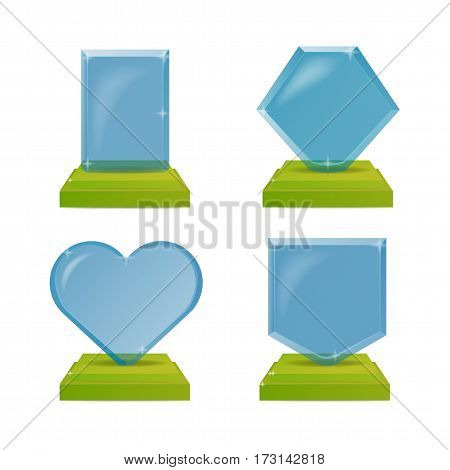 Empty realistic blue and green glass trophy awards. Illustration isolated on white background. Graphic concept for your game or other design