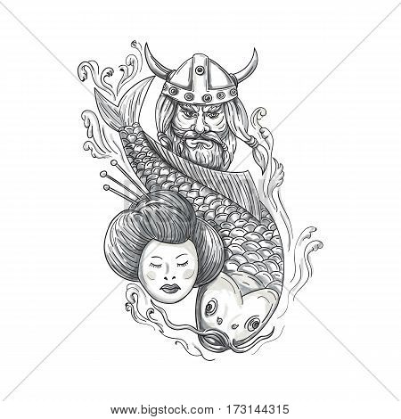 Tattoo style illustration of a head of a norseman viking warrior raider barbarian wearing horned helmet with beard koi carp fish diving and geisha girl viewed from front set on isolated white background.