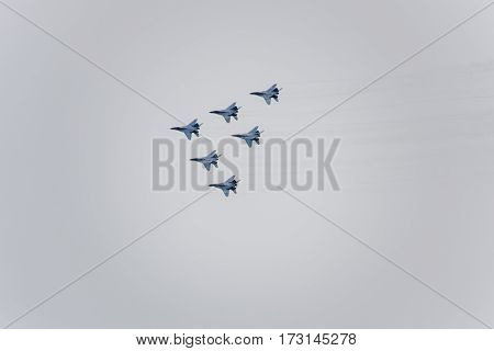 Air Show In The Sky Above The Krasnodar Airport Flight School. Airshow In Honor Of Defender Of The F