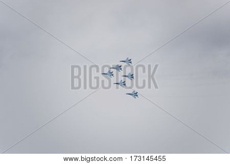 Air Show In The Sky Above The Krasnodar Airport Flight School. Airshow In Honor Of Defender Of The F