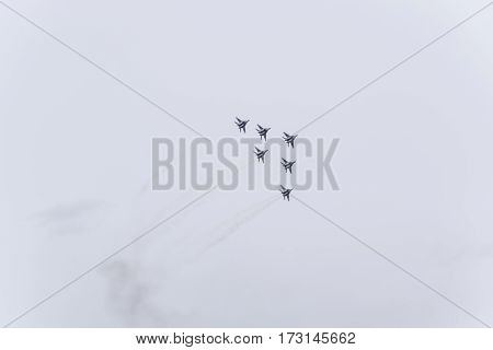 Air Show In The Sky Above The Krasnodar Airport Flight School. Airshow In Honor Of Defender Of The F