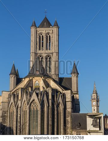 Saint Nicholas' Church in Ghent City Center on a bright clear day. There is space for text.