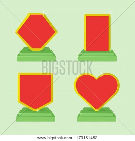 Set of red award trophy symbols icons template with empty space. Shield, heart, rectangle, hexagon.