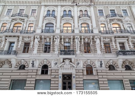 RIGA LATVIA - 3RD JAN 2017: Architecture along Elizabetes iela in central Riga showing the outside facades and details.