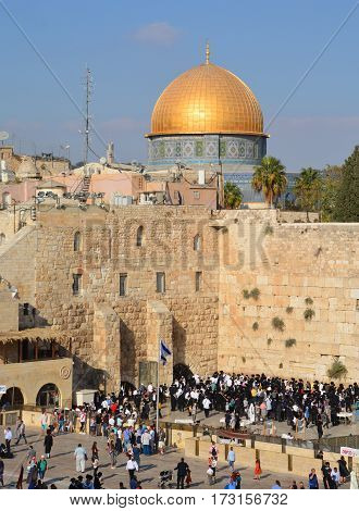 JERUSALEM ISRAEL 26 10 16: People pray a the Western Wall, Wailing Wall or Kotel the Place of Weeping is an ancient limestone wall in the Old City of Jerusalem. Second Jewish Temple by Herod the Great