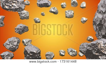Abstract background in the space with silver asteroids. Copyspace empthy area. Can be used as a decorative greeting grungy or postcard framing for your design or text . 3d illustration.