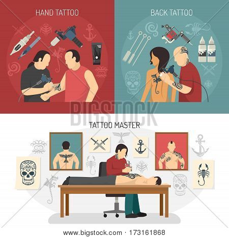 Three flat tattoo studio design concept set with hand and back tattoos and master descriptions vector illustration