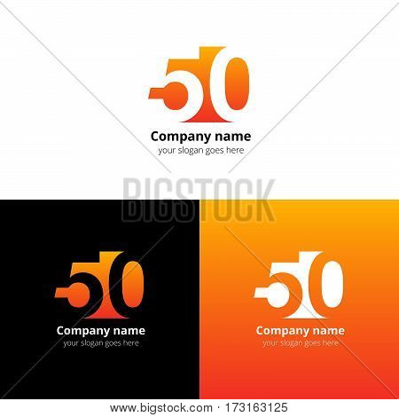 50 logo icon flat and vector design template. Monogram years numbers five and zero. Logotype fifty with orange gradient color. Creative vision concept logo, elements, sign, symbol for card