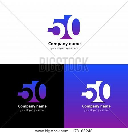 50 logo icon flat and vector design template. Monogram years numbers five and zero. Logotype fifty with blue-violet gradient color. Creative vision concept logo, elements, sign, symbol for card