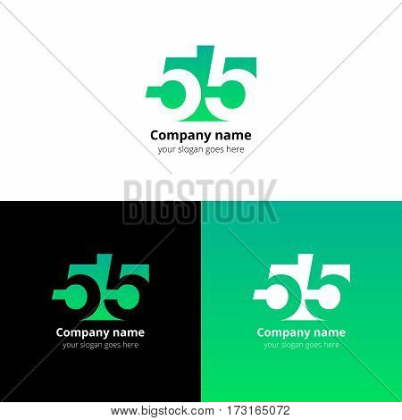 55 logo icon flat and vector design template. Monogram numbers five. Logotype fifty-five with light green gradient color. Creative vision concept logo, elements, sign, symbol for card, brand, banners.
