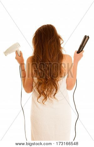 Beautiful Young Woman Holds Hair Brush And Blow Dryer Isolated Over White Bavkground