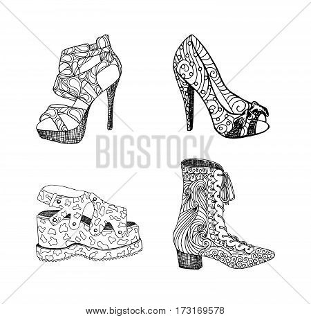 High-heeled shoes set for woman. Fashion footwear artwork in blackblack style pattern fill. Isolated clipart for coloring book pages design