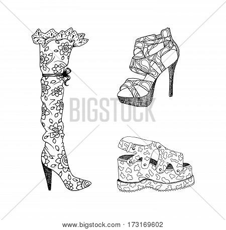 High-heeled shoes set for woman. Fashion footwear artwork in blackblack style pattern fill. Isolated clipart for coloring book pages design