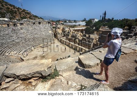 Demre Antalya Turkey - august 28 2014: Ruins of ancient Greek-Roman amphitheatre in Myra Lycia Demre Turkey.