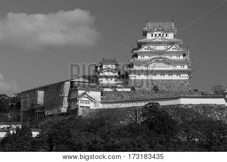 Black and White Himeji castle on high hill in Kansia Japan