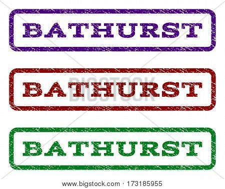 Bathurst watermark stamp. Text tag inside rounded rectangle frame with grunge design style. Vector variants are indigo blue red green ink colors. Rubber seal stamp with scratched texture.