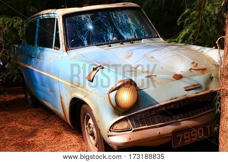 Osaka, Japan - FEB 20, 2017: The Ford Anglia in the Wizarding World of Harry Potter in Universal Studios Japan. Universal Studios Japan is a theme park in Osaka, Japan.Weasley Car Harry Potter