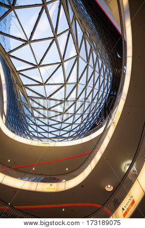 FRAKFURT ON MAIN, GERMANY - NOVEMBER 01, 2016: The interior of MyZeil shopping center in Frankfurt. It's been designed by Massimiliano Fuksas
