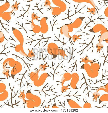 A Scurry of Squirrels on the branches. Seamless autumn pattern for gift wrapping, wallpaper, childrens room or clothing. Vector illustration
