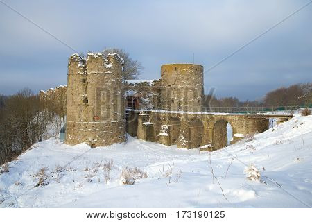 The Koporye fortress is cloudy February day. Leningrad region, Russia