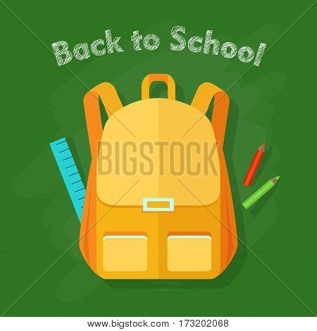 Back to school. Yellow backpack with two front pockets. Orange pieces of cloth. School objects behind. Long blue ruler, green and red pencils. Illustration in cartoon style. Flat design. Vector