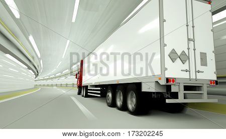 red truck in a tunnel. fast driving. 3d rendering