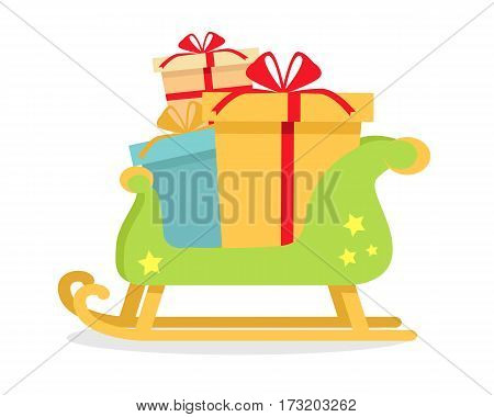 Christmas presents on sledge on isolated on white background. Toboggan with gift boxes. New Year and Xmas concept. Sleigh carrying cadeaus. Gift box present, ribbon and bow. Vector illustration