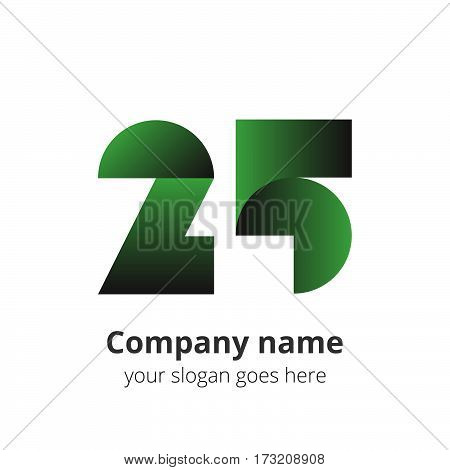 25 logo concept. Number twenty five, 2 and 5 green logo icon.
