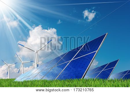 3D illustration of a Group of solar panels and wind turbines on a blue sky with clouds and sun rays. Solar and wind energy