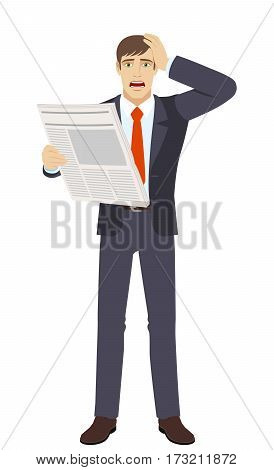 Bad wews. Businessman with newspapergrabbed his head. Full length portrait of businessman in a flat style. Vector illustration.