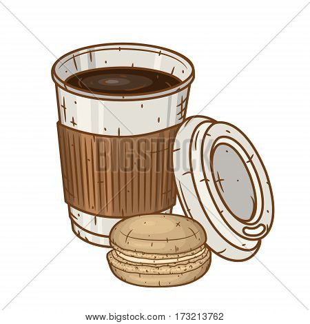 Paper coffee cup with macaron cookies over white background