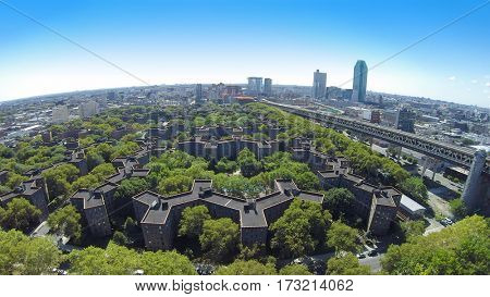 Queensbridge Houses near Queensboro Bridge at summer sunny day. Aerial view