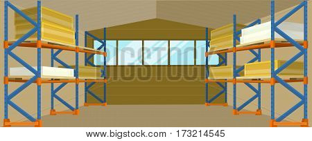 Warehouse interior banner. Warehouse interior, logisti and factory building interior, business delivery, storage cargo illustration. Logistics and transportation of cargo