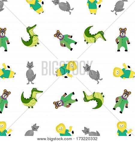 Zoo pattern with cartoon animal. Lion and bear alligator and wolf. Vector illustration